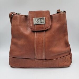 VTG AMERICAN ANGEL Brown Leather Crossbody Handbag Purse Silvertone Medallions